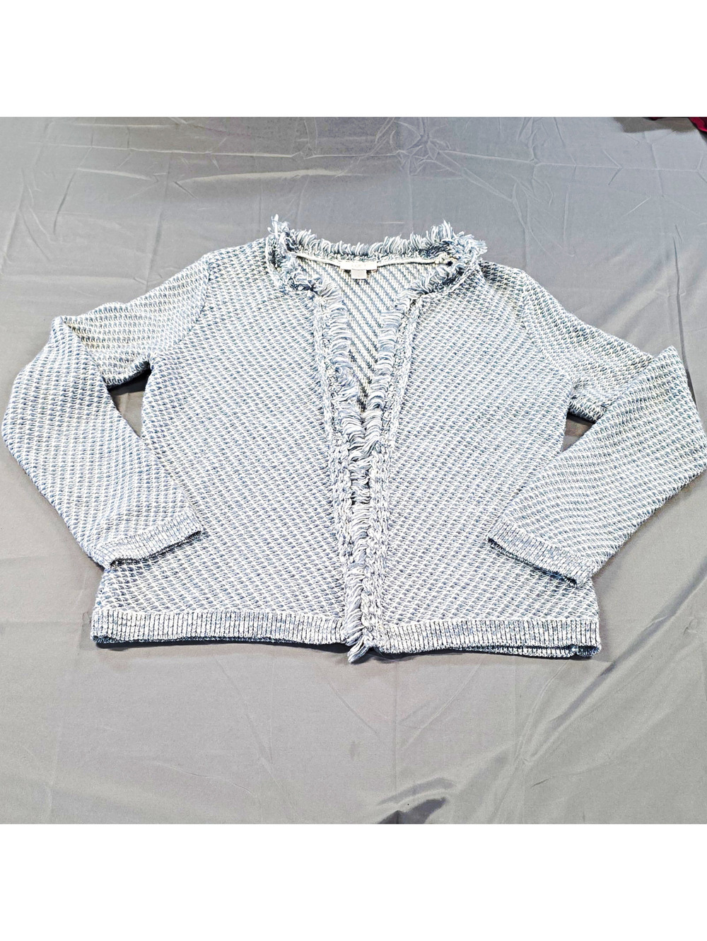 LOFT Outlet Women's L Gray Textured Knit Open Front Fringe Cardigan Sweater